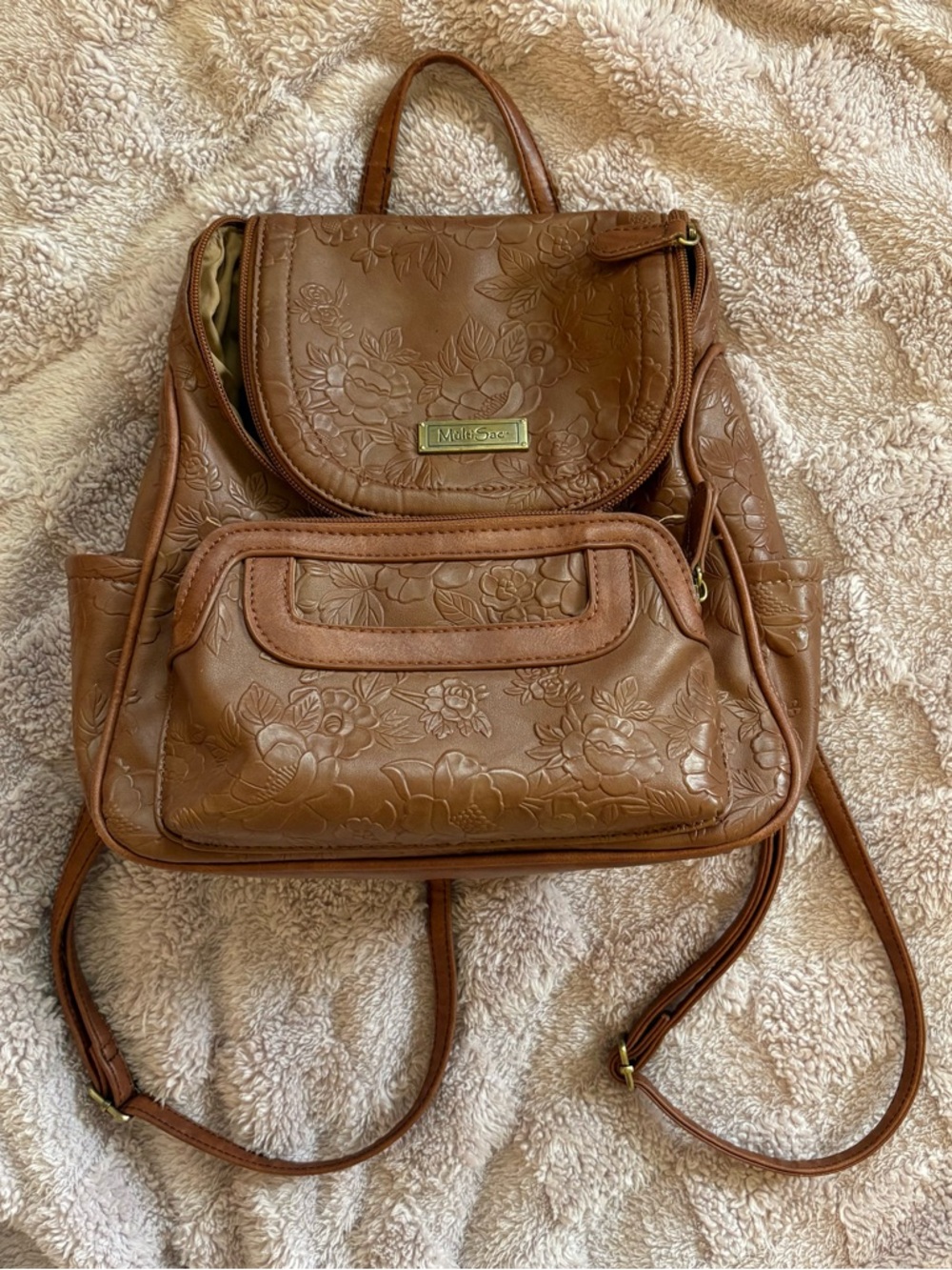 Stylish Embossed Floral Brown Backpack - MultiSac